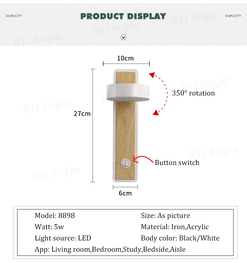 Настенный светильник с поворотом на 350 ° в скандинавском стиле, современный светодиодный настенный светильник для гостиной, прикроватный, черный, белый, с выключателем, декоративное бра, AC85-265V