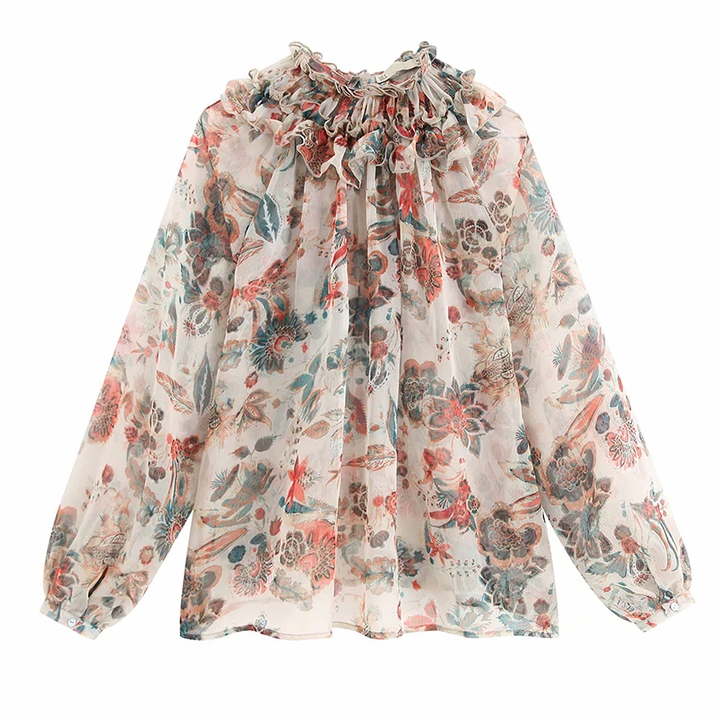 Floral GCAROL женская блузка с цветочным принтом, с круглым вырезом, с пышными рукавами, тонкая шифоновая рубашка, винтажная, с открытыми плечами, весна, осень, зима, повседневные топы - Цвет: Floral