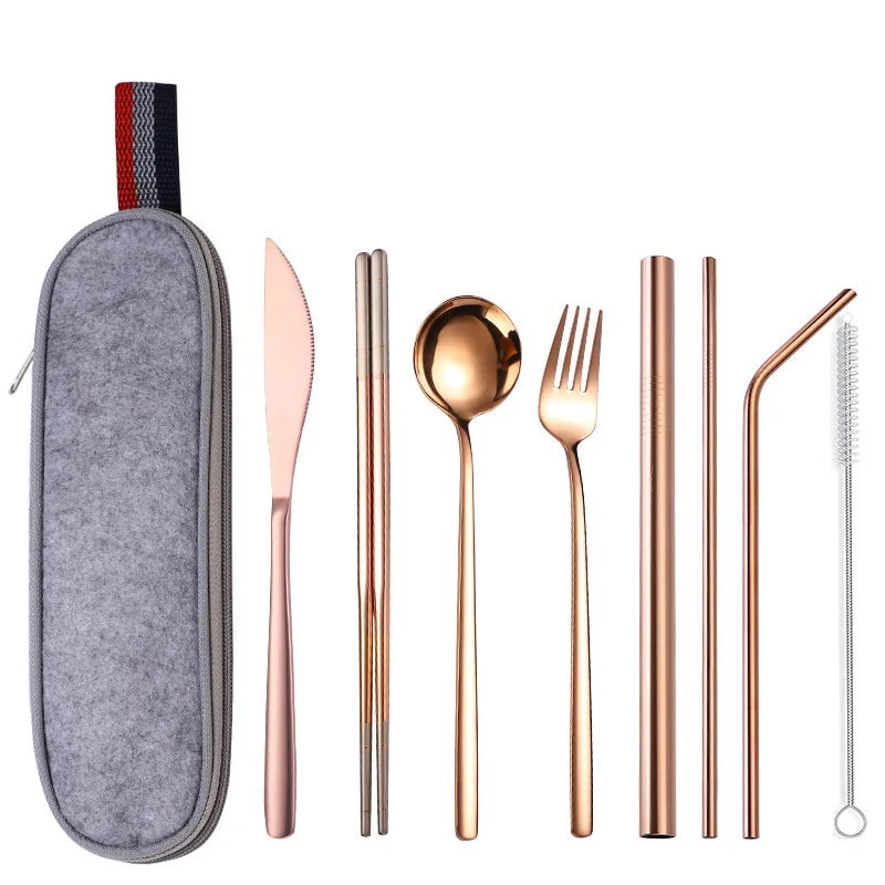 8pcs hs rosegold Нержавеющая сталь столовая посуда портативный набор столовых приборов нож ложка Вилка палочки для еды соломенная упаковка ткани столовые приборы работа путешествия набор столовых приборов - Цвет: 8pcs hs rosegold