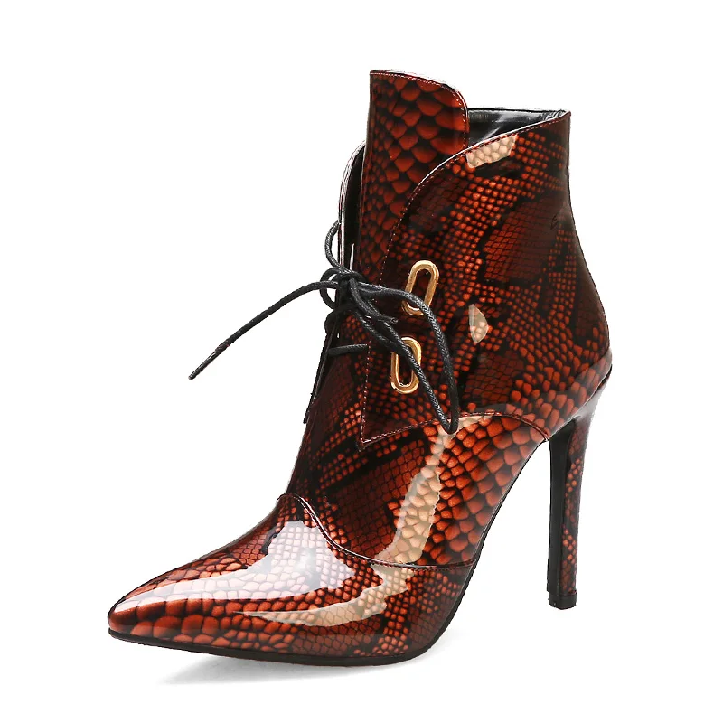 WETKISS/тонкие сапоги на высоком каблуке женские ботильоны с принтом женская обувь с острым носком женская обувь на шнуровке зима г., большой размер 48 - Цвет: Красный