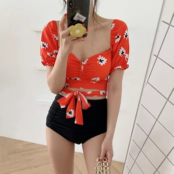 

2020 women bikini set high waisted sexy swimwear floral print beach wear padded korean style bathing suit short sleeves swimsuit