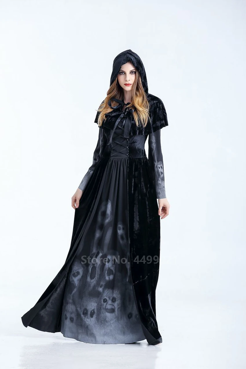 Хэллоуин женский средневековый готический костюм ведьмы Maleficent ужас страшный карнавальный костюм вечерние длинные черные платья с капюшоном