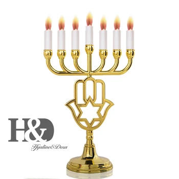 

H&D 12 Tribes of Israel Jerusalem Temple Menorah Jewish Candle Holder 7 Branches Hanukkah Menorah For Decor (Gold-Star Of David)