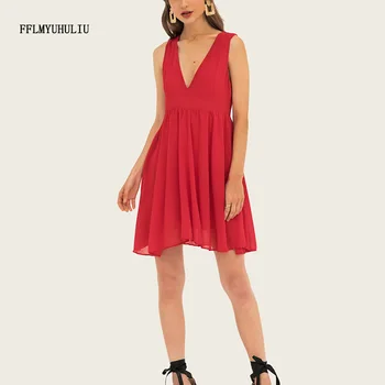 

Fashion new ladies chiffon dress V-neck sleeveless zipper waist ruffled short dress elegant slim casual dress