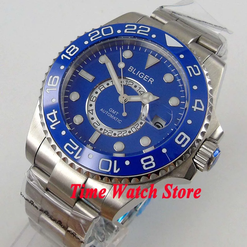 43 мм Bliger GMT 5833 Роскошные автоматические наручные мужские часы с сапфировым стеклом Светящийся синий циферблат керамический ободок отображение даты водонепроницаемый