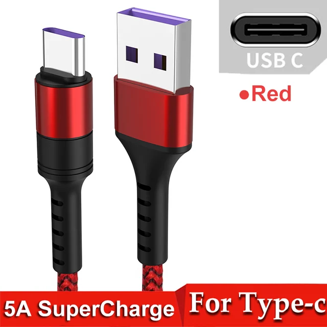 5A USB Type C Cable 0.25m 1m 2m Fast Charging Type-C Cable For Huawei P30 P20 Mate 20 Pro Phone Super Charge QC3.0 USB C Cabo Red