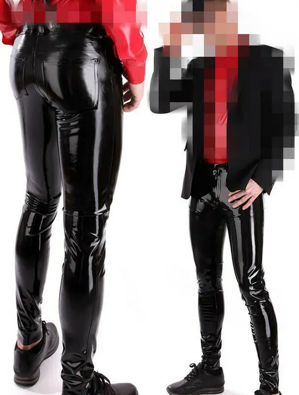 Black Latex Gummi Rubber Men's Jeans Pants Slim 4 Pockets with Front Zip