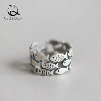 

New Retro Jewelry 925 Sterling Silver Creative Fish School Temperament Personality Gift Sweet Cute Animal Opening Rings R271