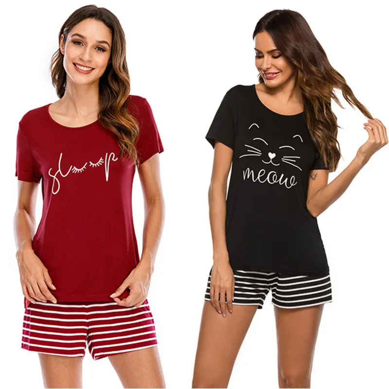 

New Style Pajamas Striped Print Round Neck Short Sleeve Shorts Two-piece Suit Home Service Pajamas for Women Pyjamas Women
