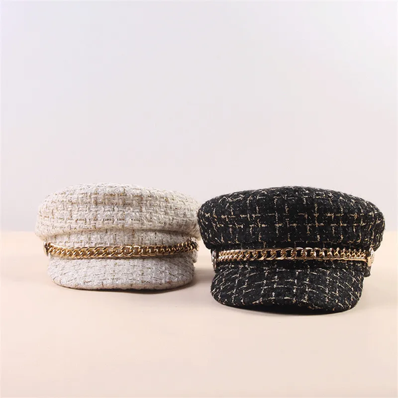 Winter Autumn Newsboy Hats For Women Tweed Military Caps Ladies Fashion Streetwear Flat Caps Female Girl Black Hat