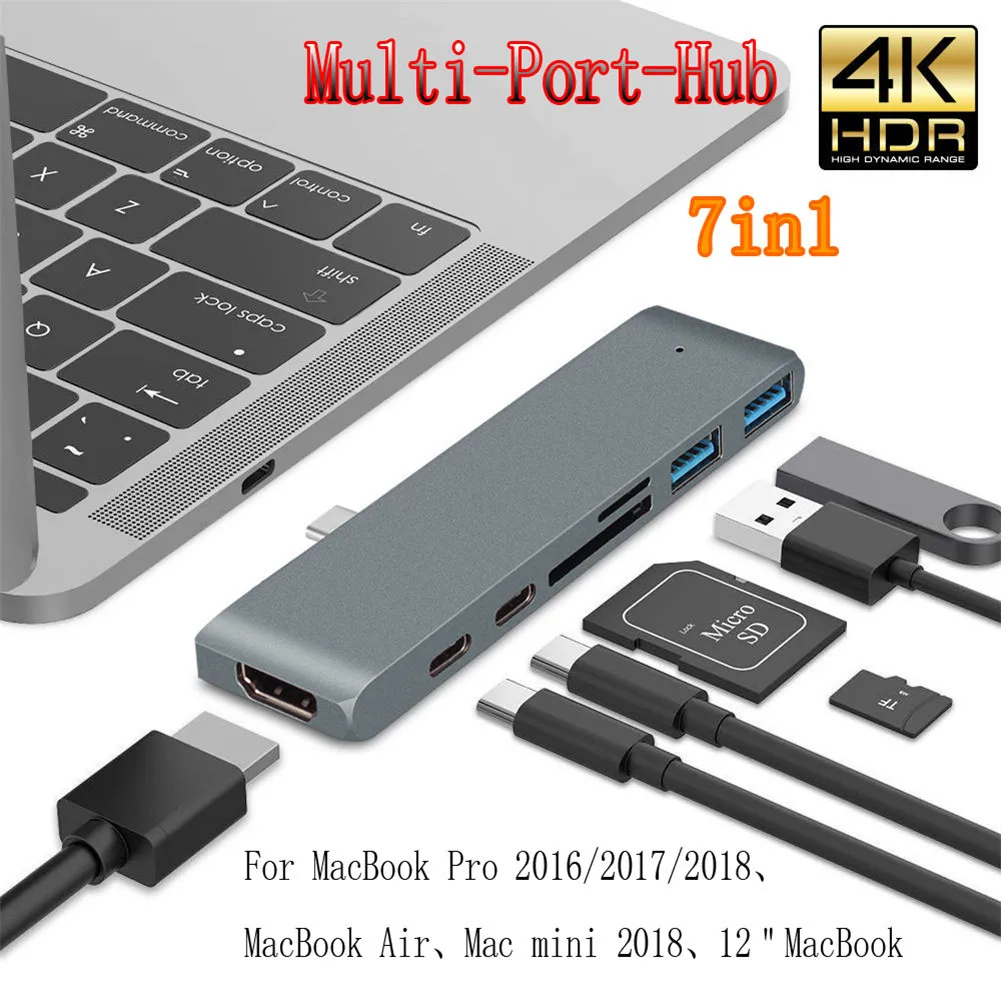 7-в-1 Алюминий многопортовый USB C концентратора двойной Тип C USB-C 4K HDMI кард-ридер адаптер для MacBook Pro 3F05
