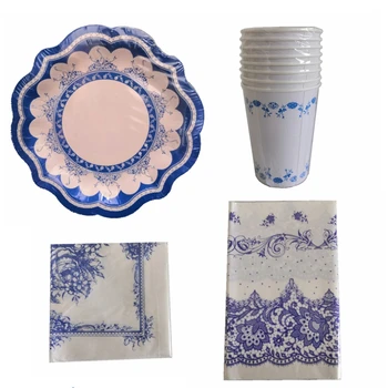

37pcs Chinese style Blue and White Porcelain Pattern Tableware Cup Plate Napkin Tablecloth Birthday Party Suit for 8 persons