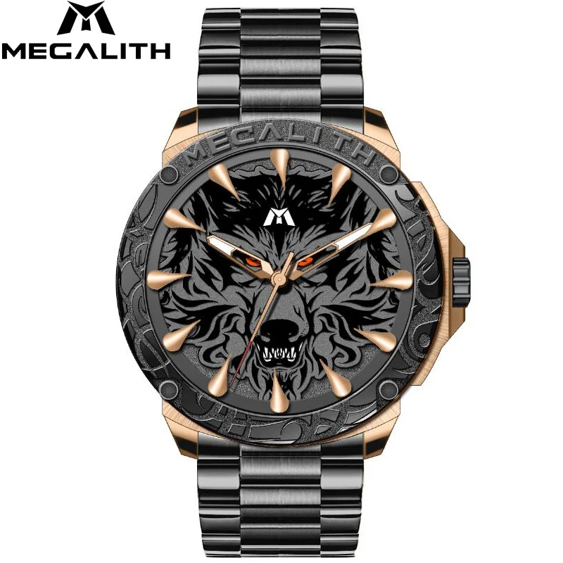 Relogio Masculino,, MEGALITH, спортивные, тисненые, Волчья Голова, кварцевые часы, водонепроницаемые, нержавеющая сталь, Роскошные наручные часы, мужские часы - Цвет: steel black gold