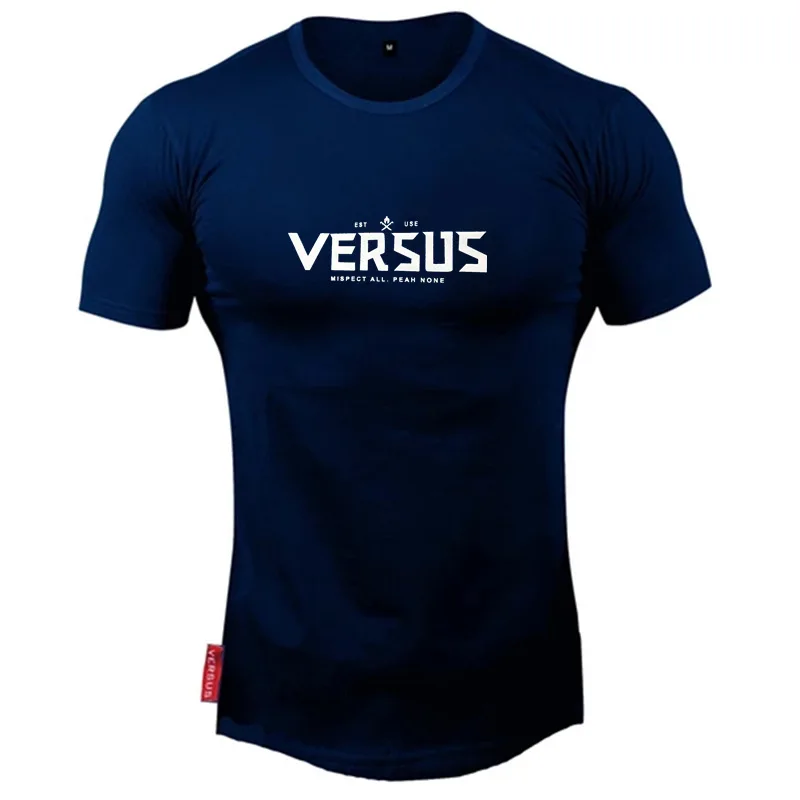 Navy blue Летняя новая мужская футболка фитнес бодибилдинг модные Беговые брюки в повседневном стиле короткий рукав хлопок печать футболка облегающая одежда для верхней части тела тренажерные залы одежда - Цвет: Navy blue