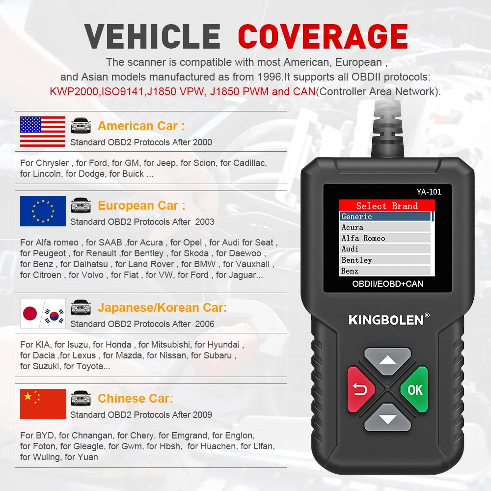 Kingbolen Ya101 Obd2 Scanner Batterie automobile Test Moteur Vérification  Outil de Diagnostic Code Reader Pk Elm327 Cr3001