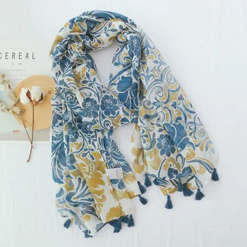 

In the spring of the new elegant and famous printing tassel cotton hemp feel scarf and long decorative silk scarf gauze towel