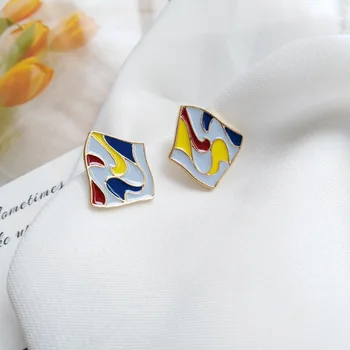 

S925 Needles Cool Abstract Oil Painting Wind Ear Stud Contrast Color Irregular Oil Drop Earrings Vintage Hong Kong Style Ear Stu