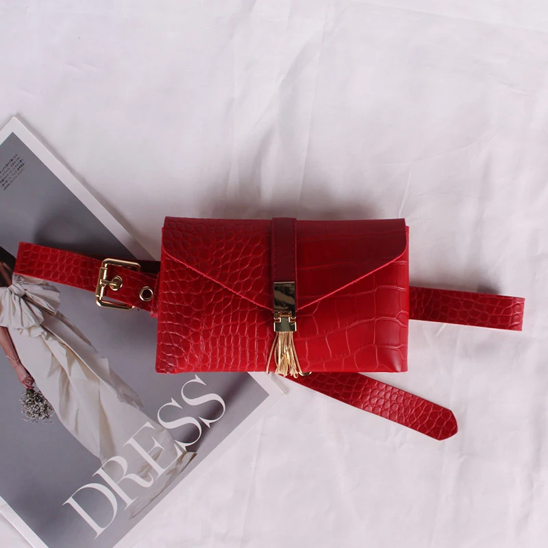 Новая модная мягкая кожаная сумка на пояс для женщин, роскошные женские черные поясные сумки с кисточками, карман для телефона, съемный ремень, Фанни-пакеты G141 - Цвет: Red