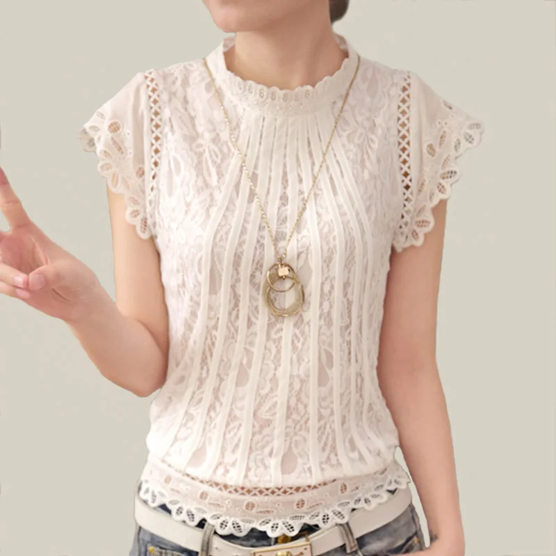 Summer Cute Women Short Sleeve Crochet Collared Beaded Casual T Shirt Blouse Top