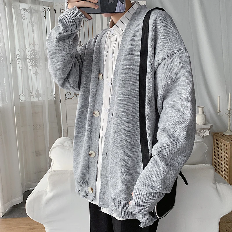 

Cardigan Men Fashion Solid Color Casual V-neck Knit Sweater Jacket Men Streetwear Wild Loose Sweter Coat Male Clothes M-2XL