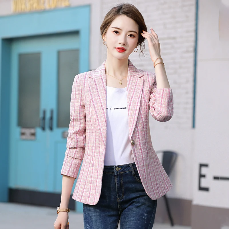 Plus Size 5XL Women Plaid Blazers New Fashion Lady Office Work Suit Pink Jackets Coat Casual Loose Tops Long Sleeve Femme Blazer