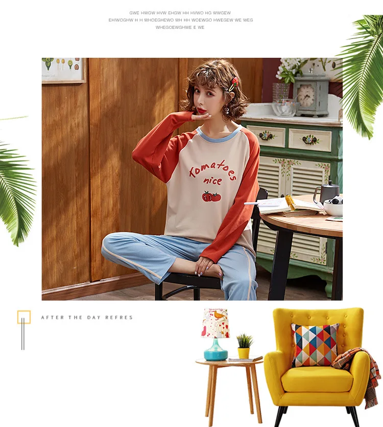 Pajamas Women's Spring And Autumn 6535 Cotton Long Sleeve Thin Sweet Cute Casual-Outer Wear All Cotton Suit Tracksuit Women's