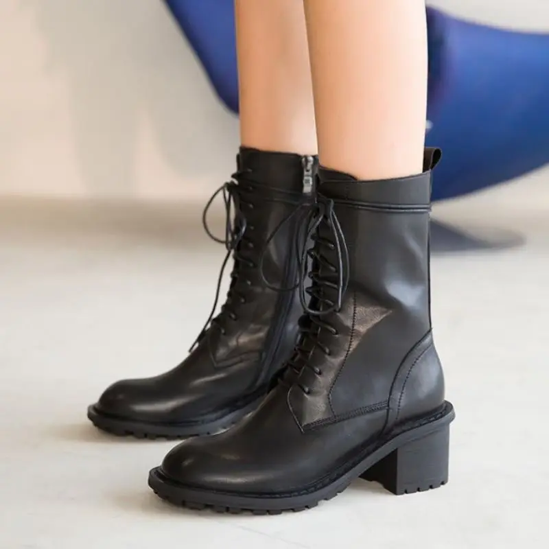 Taoffen/ г.; женские зимние ботинки в байкерском стиле из натуральной кожи; модная пикантная обувь на не сужающемся книзу массивном каблуке и молнии; женские повседневные ботинки; размер 34-43