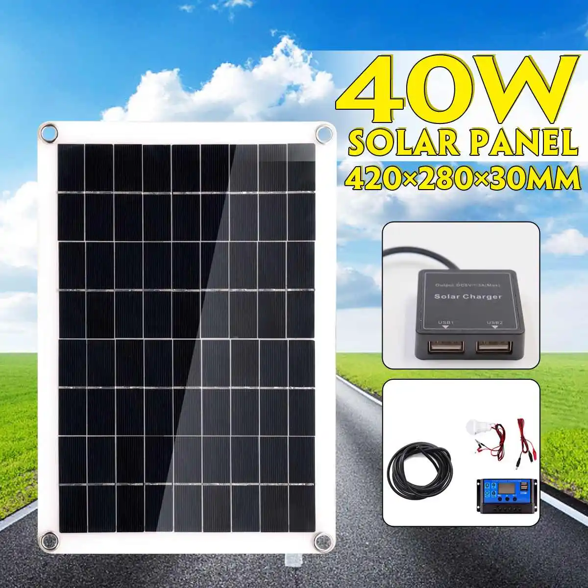 40 Вт Панели солнечные+ 10A Dual USB 18V солнечный регулятор Зарядное устройство пульт дистанционного управления с 3W светодиодный светильник для автомобиля Открытый Отдых на природе света