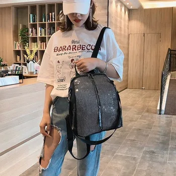 

Free shipping new large-capacity school bag fashion multifunctional simple mesh sequined backpack leisure three-purpose backpack