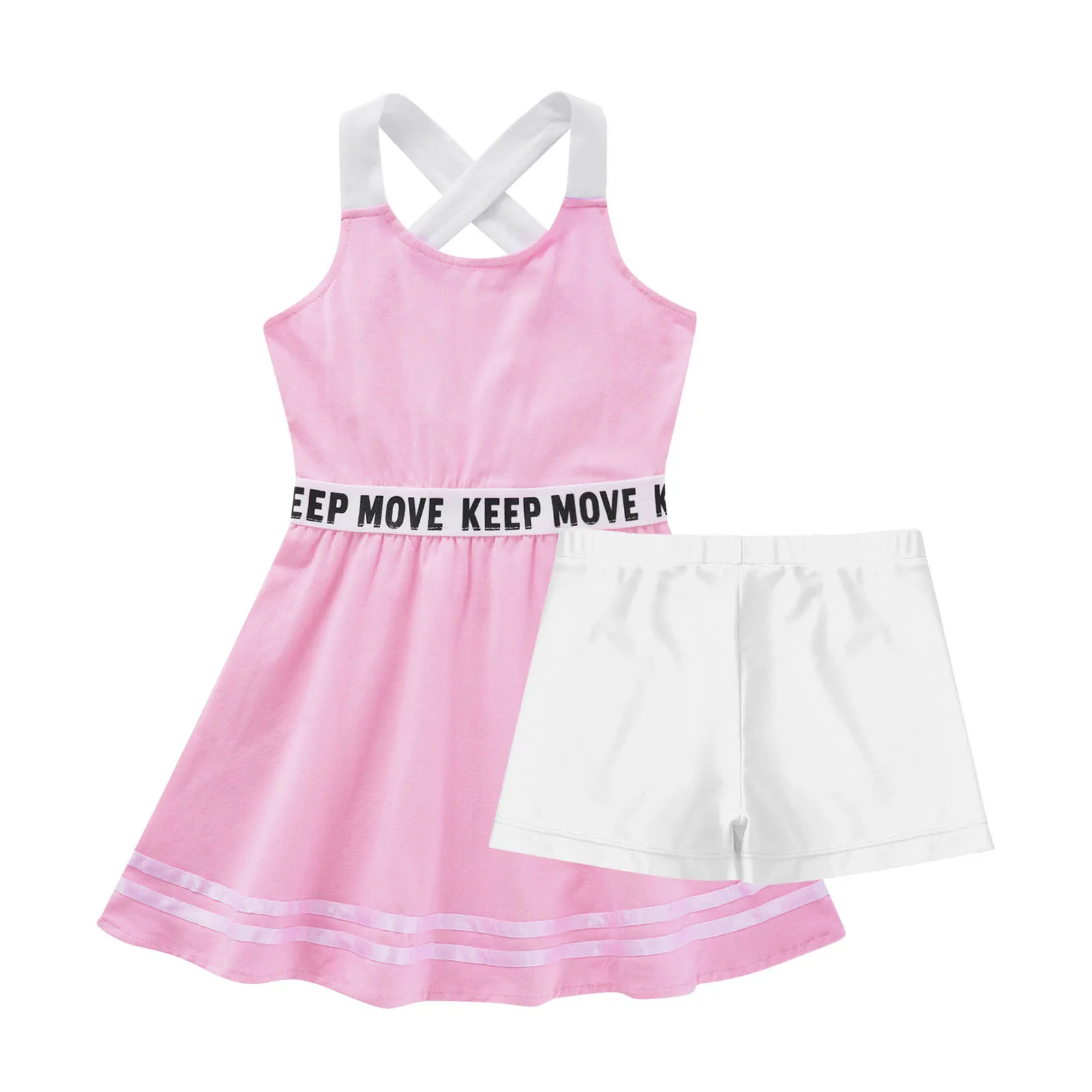 2Pcs Kids Girls Summer Sport Suit Badminton Tennis Dress Casual Sleeveless Letters Print A-line Dress+Shorts Set for Gym Running