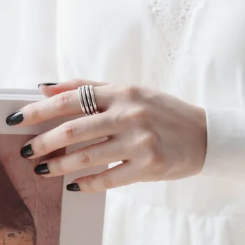 

ANENJERY Fashion Mutil Layer Twist Rope 925 Sterling Thai Silver Ring High Polish Line Opening Ring For Women S-R536