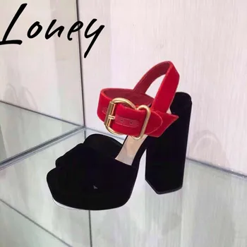 

Ollymurs Summer Velvet Sexy Platform HIgh Heel Sandals Buckle Strap Thick Heel Chunky Heel High Heel Sandals