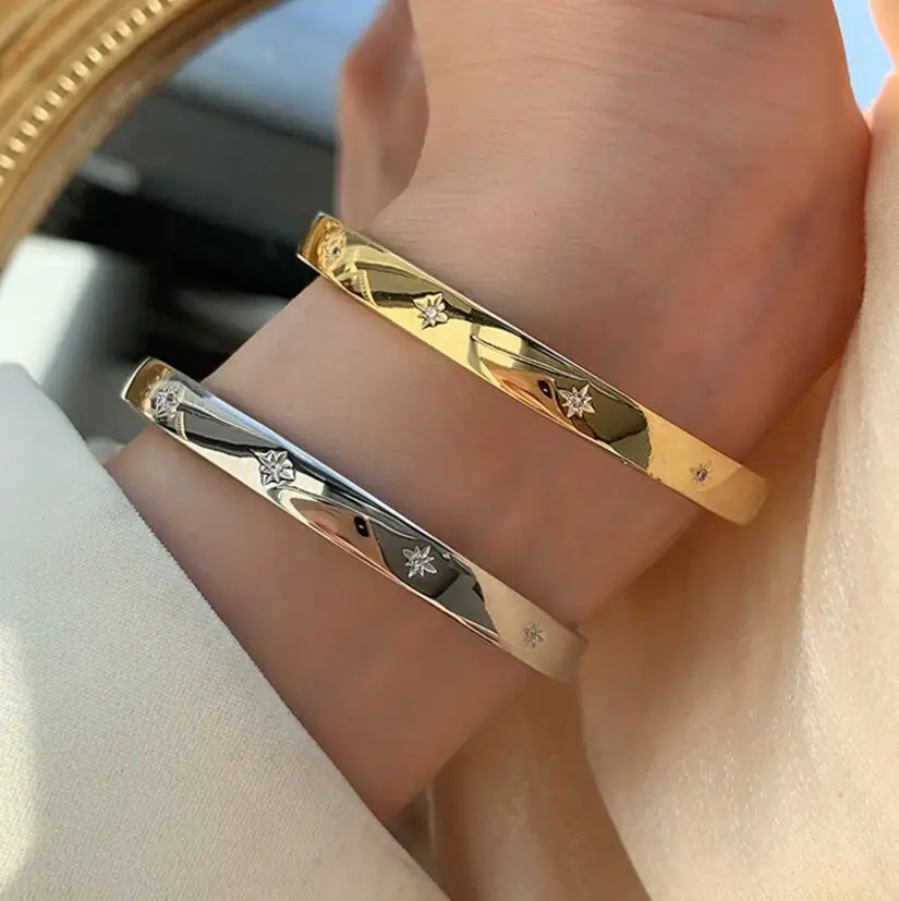 Real 925 Sterling Silver Smooth Cuff Bangles for Women Men Shine Zirconia Star Open Bracelet Wedding Jewelry Pulseiras De Prata | Украшения