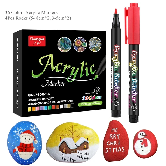 36 Colors Acrylic Paint Pens Acrylic Brush Marker Pens for Rock Painting, Stone, Ceramic, Glass, Wood, Canvas ,DIY Card Making. 36 pens-4 stones