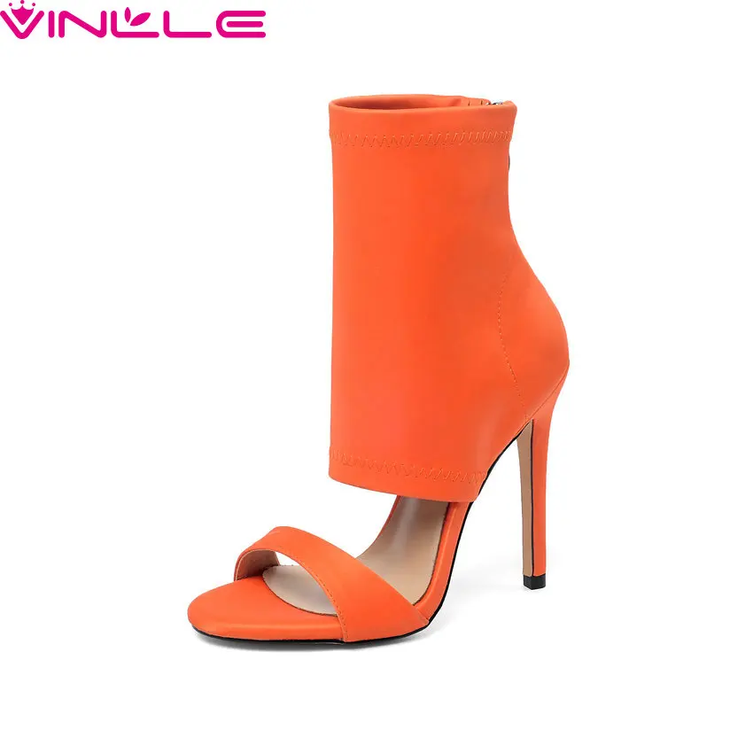 

VINLLE 2020 Thin High Heel Sexy Sandals Zipper Fashion Summer Women Pumps Fluorescent PU Leather Ladies Shoes Big Size 34-43