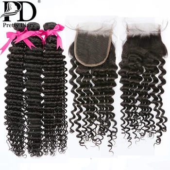 

28 30 40 Inch Deep Wave Brazilian Hair Weave Bundles With Closure 3 4 Bundles Curly Human Hair And Closure Remy Hair Water Wave