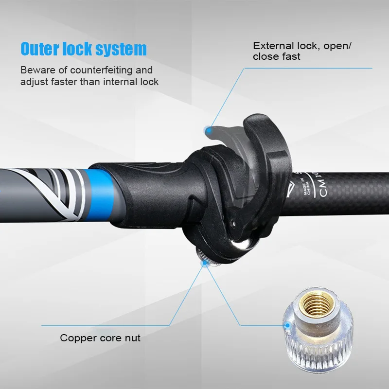 HOT Carbon Fiber Trekking Pole Lock T Handle Ultra Light Folding Travel Trekking Pole Outdoor Hiking HV99