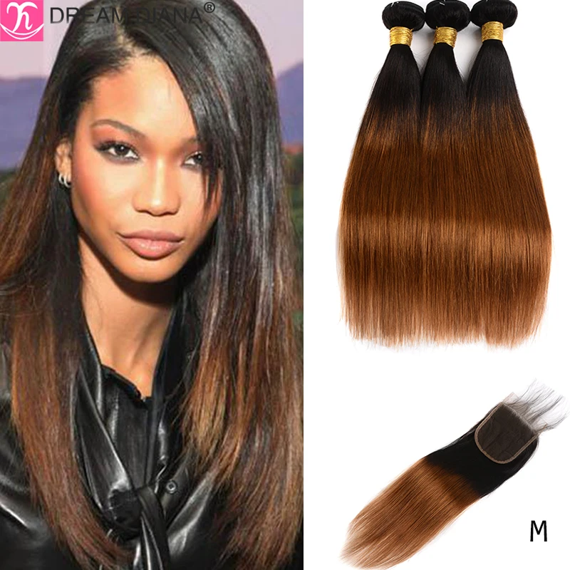 

DreamDiana Remy Ombre Straight Hair With Closure Two Tones Ombre Peruvian Hair With Closure 100% Ombre Human Hair With Closure M
