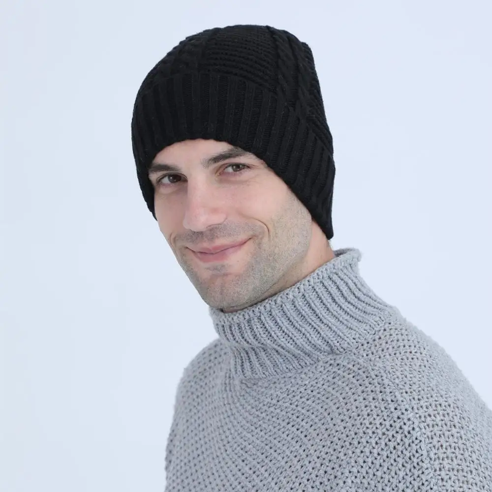Men Hat Winter Beanie Wool Knit Fleece Brim Autumn Warm Skiing Sports Outdoor Accessory For Teenagers
