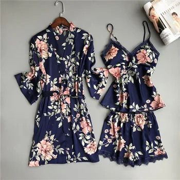 

Sexy Women's Robe & Gown Sets Lace Bathrobe + Night Dress 4 Pieces Set Sleepwear Womens Sleep Set Faux Silk Robe Femme Lingerie