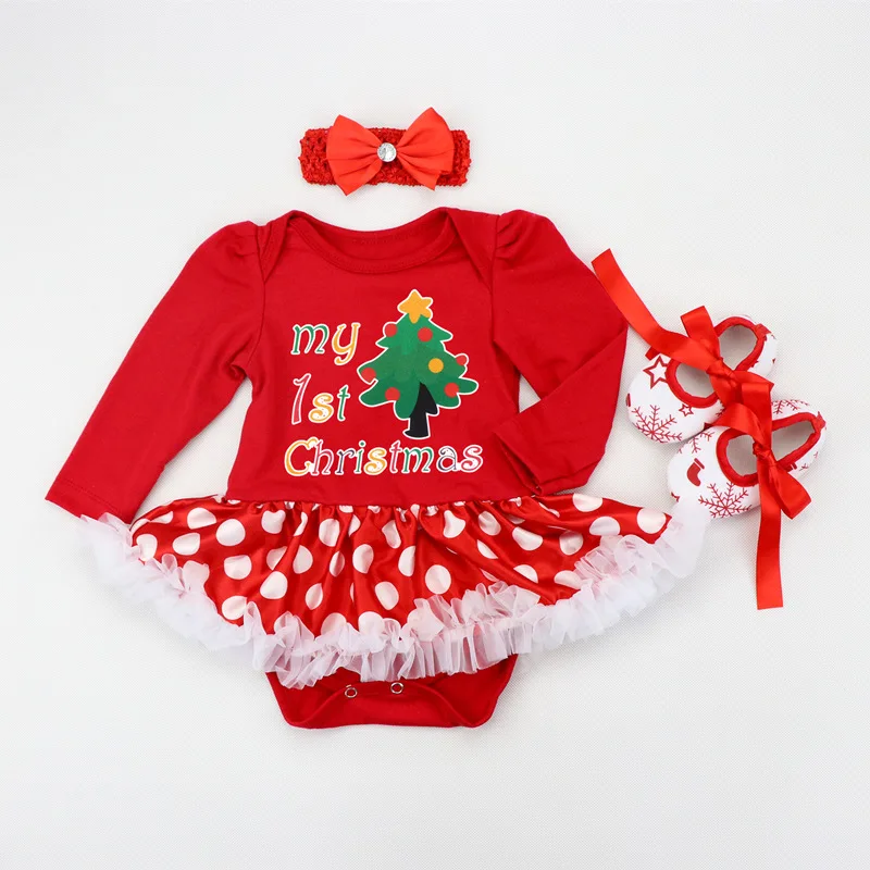 My First Christmas/новое платье для маленьких девочек Одежда для новорожденных в красный горошек платье-пачка с длинными рукавами+ повязка на голову+ обувь 3 предмета, рождественские вечерние подарки - Цвет: Красный