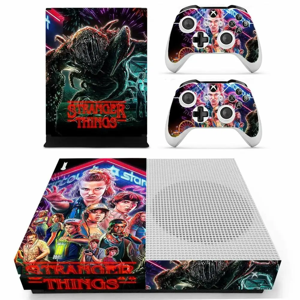 YS-xboxoneS-2319 Странные Вещи наклейка s для Xbox One S виниловая кожа Наклейка Pegatinas Adesivos для Xbox one тонкая консоль и два контроллера оболочки - Цвет: YS-xboxoneS-2319