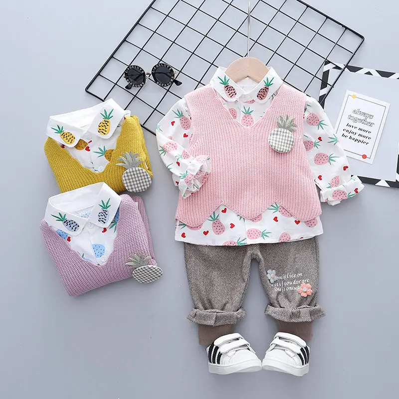 

2021 New Children Cotton Clothes Baby Girls Spring Full Printe T Shirts Sweater Vest Pants 3Pcs/sets Infant Kid Fashion Toddler