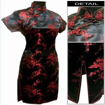 

Black Chinese Style Short Cheongsam Traditional Women's Satin Mini Qipao Embroidered Cheongsam Dress Vestido Plus Size S-6XL