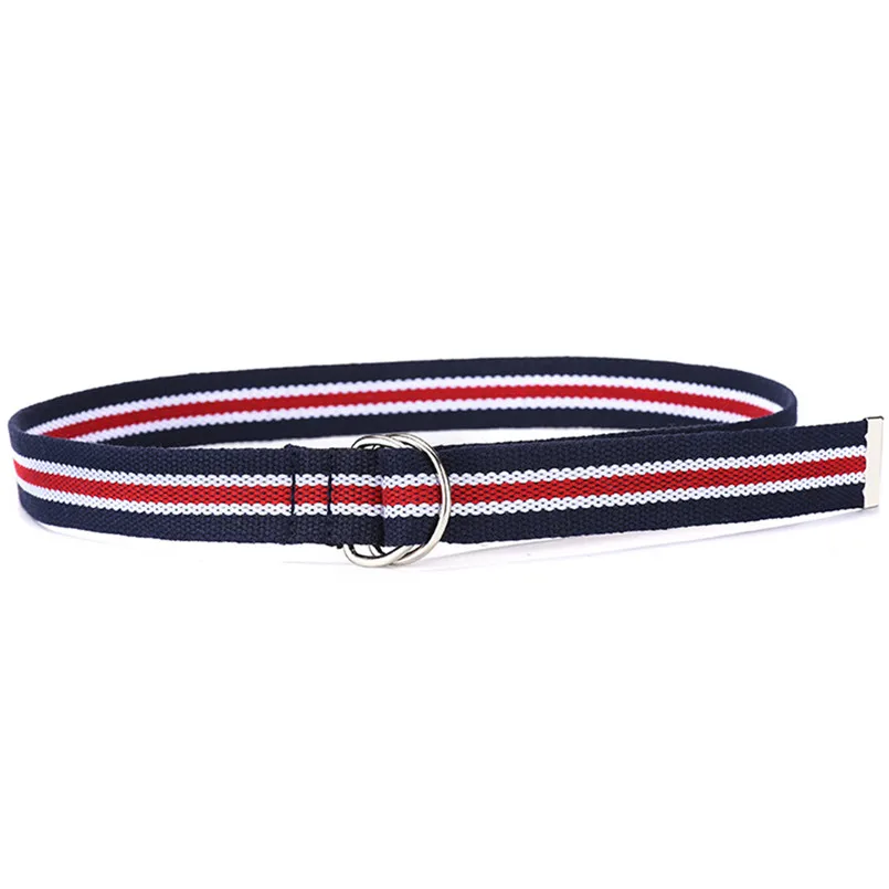 Navy-Red-White Мужские и женские трендовые ремни d-образной формы с металлической пряжкой, модные тканевые ремни для брюк, студенческие ковбойские ремни, пояс насыщенных цветов - Цвет: Navy-Red-White