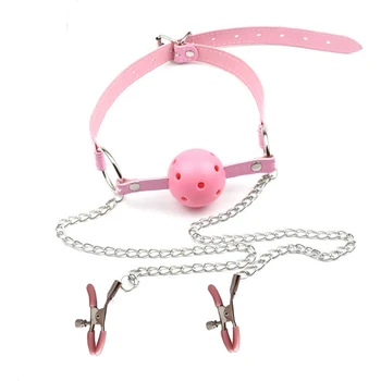 Sexy Toys PU Leather Mouth Gag Ball Oral Sex With Chain Nipple Clip Fetish Bondage Nipple Clamps Erotic Sex Adult Toy 2