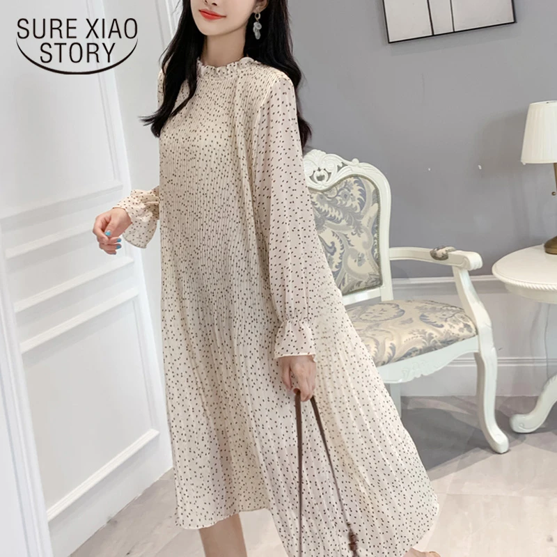 Mid Kalb Chiffon Kleid Langarm Kleid Frauen Kleider Herbst Und Winter 2020 Floral Kleid Lose Gefaltete Party Kleider 7151 50 Kleider Aliexpress