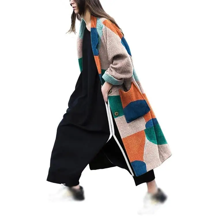 New Women Long Wool Blend Winter Coats Patchwork Long Sleeve Polyester Coat And Jacket Plus Size Coats
