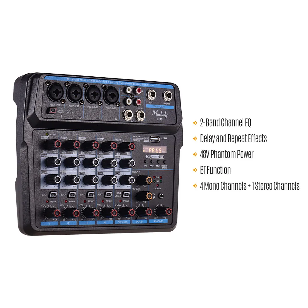 Muslady U6 музыкальная мини миксер 6 Каналы аудио смесители BT USB микшерный пульт с