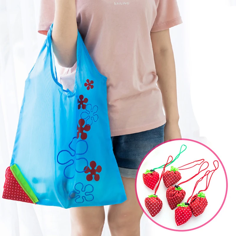 

Floral Folding shopping bag Drop shipping Reusable Waterproof dustproof Grocery Nylon Large Strawberry fold Tote Storage bags